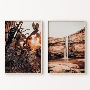 Desert Set of 2 DIGITAL Prints, Cactus and Waterfall in the Desert 2 Pieces Wall Art, Boho Nature Large Wall Art, Saguaro Print