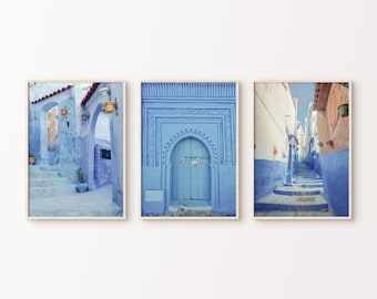 Printable Photography of Morocco City, Arabic Set of 3 Prints, Blu City 3 Pieces Large Wall Art, Boho Door Poster, Islamic Architecture Art