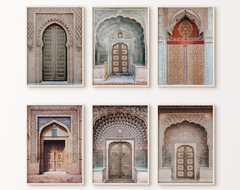 Set van 6 afdrukbare Marokkaanse deuren fotografie, boho oosterse deuren set van 6 prenten, Arabische grote galerij muur set, Marokkaanse decor kunst aan de muur