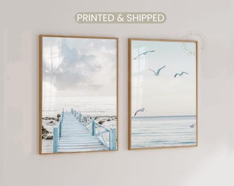 Beach Photography Set of 2, Light Blue Coastal Wall Art, Ocean Mailed Canvas Art