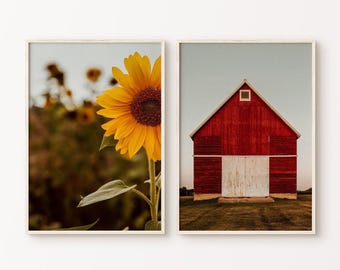 Set of 2 Farmhouse Wall Art, Sunflower PRINTABLE Photography, Country Barn Print, Countryside Print, Sunflower Digital Picture, Rustic Decor