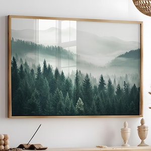 Forest Photography, Printable Foggy Mountain Landscape Print, Misty Forest Large Wall Art, Nature Mountain Horizontal Poster - Digital Art