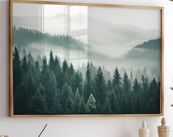 Forest Photography, Printable Foggy Mountain Landscape Print, Misty Forest Large Wall Art, Nature Mountain Horizontal Poster - Digital Art