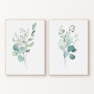 Eucalyptus Prints Set of 2, Printable Watercolor Leaf 2 Pieces Wall Art, Eucalyptus Art, Sage Green Prints, Minimalist Cottagecore Print