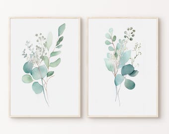 Eucalyptus Prints Set of 2, Printable Watercolor Leaf 2 Pieces Wall Art, Eucalyptus Art, Sage Green Prints, Minimalist Cottagecore Print