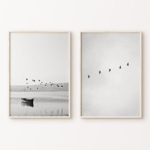 Set di 2 pezzi Arte da parete STAMPABILE da spiaggia in bianco e nero, Stampa di stormo di uccelli, Stampa di fotografia costiera, Stampa aerea di spiaggia