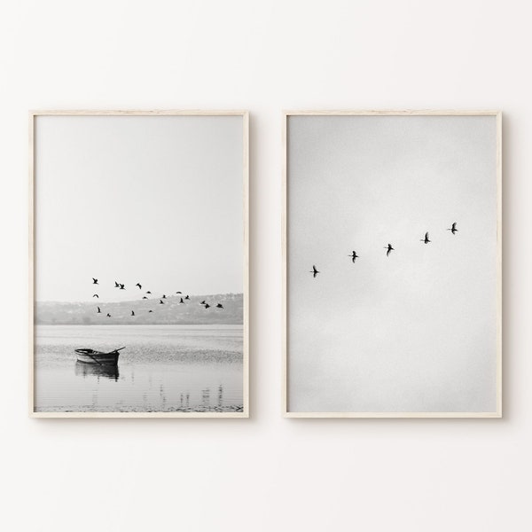 Set of 2 Pieces Black and White Beach PRINTABLE Wall Art, Flock of Birds Print, Coastal Photography Print, Aerial Beach Print