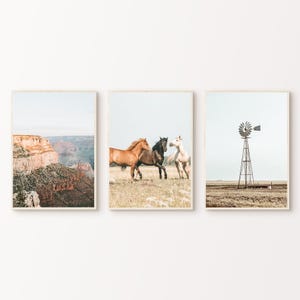 Western 3 Pieces Wall Art, PRINTABLE Rustic Farmhouse Wall Decor, Nature Desert Set of 3 Photography, Horses Large Wall Art