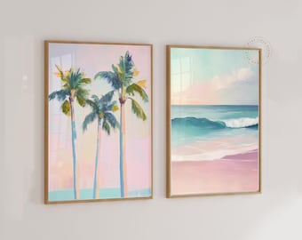 Printable Pastel Coastal Wall Art, Set of 2 Tropical Prints, Palm Tree Painting, Pastel Beach Poster, Beach Cottage Decor, Digital Download