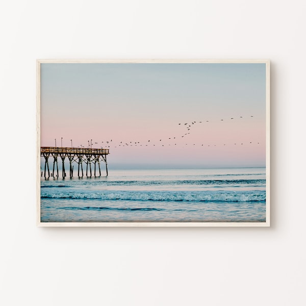 Coastal Printable Photography, Ocean Waves Large Wall Art, Sunset Calm Beach Print, Pastel Sky Poster, Pier Wall Art, Birds Wall Art,