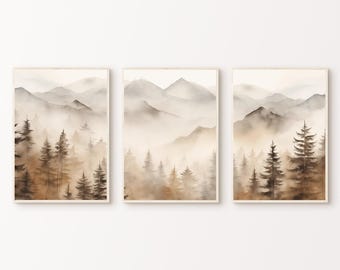 Mountain Forest Prints Set of 3, Printable Foggy Landscape Poster, Misty Forest 3 Pieces Wall Art, Nature Painting, Pine Trees Triptych