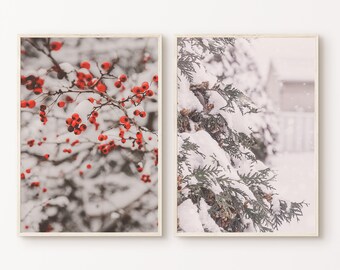 Printable Snowy Landscape 2 Pieces Large Wall Art, Winter Mountain Set of 2 Photography,  Winter Theme Cabin Prints, Pine Tree Forest Prints