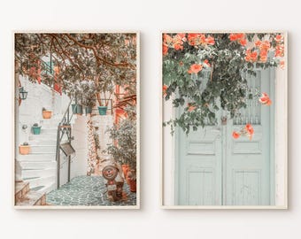 Set of 2 Mediterranean Wall Art, Greece Set of 2 Prints, Boho Coastal Wall Art, Neutral Santorini Photography Print set, Travel Wall Decor,