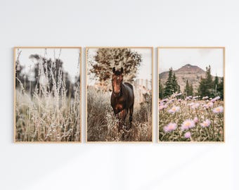 Conjunto de 3 fotografías occidentales, arte de pared grande de 3 piezas de estilo bohemio, impresiones digitales de naturaleza montañosa, impresión de flores imprimible, póster de caballos