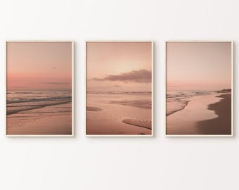 Conjunto de 3 fotografías imprimibles de playa tranquila, arte de pared de 3 piezas con olas del océano al atardecer, impresiones costeras, decoración de pared de cabaña de playa
