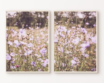 Wildflowers Set of 2 Prints, Printable Nature Landscape 2 Pieces Large Wall Art, Muted Floral Photography Set, Flowers Meadow Digital Art