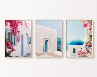 Greece Set of 3 Printable Photography, Boho Santorini Gallery Wall Set, Blush Mediterranean 3 Pieces Wall Art, Coastal Print, Greece Poster