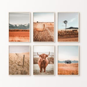 Highland Cow Rustic Art Set of 6, Printable Farmhouse Nature Prints Gallery Wall Set, Western Landscape Photography Print, Large Wall Art
