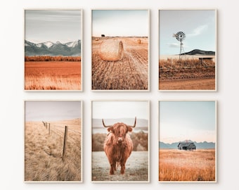 Ensemble de 6 oeuvres d'art rustique vache Highland, impression de la nature de la ferme, impression de photographie de paysage occidental, grande oeuvre d'art murale