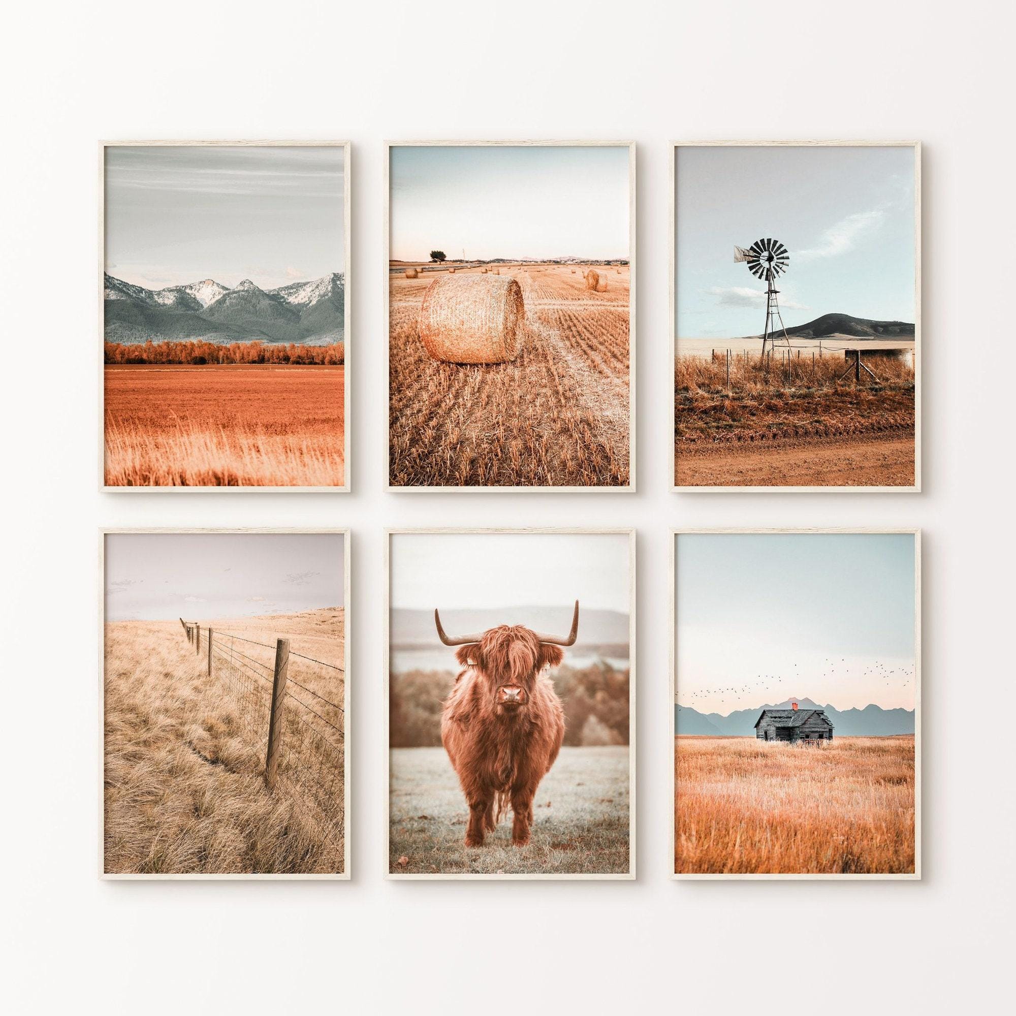 Rustic Large Print Highland Cow Rustic Art Set of 6, Printable Farmhouse Nature Prints ...