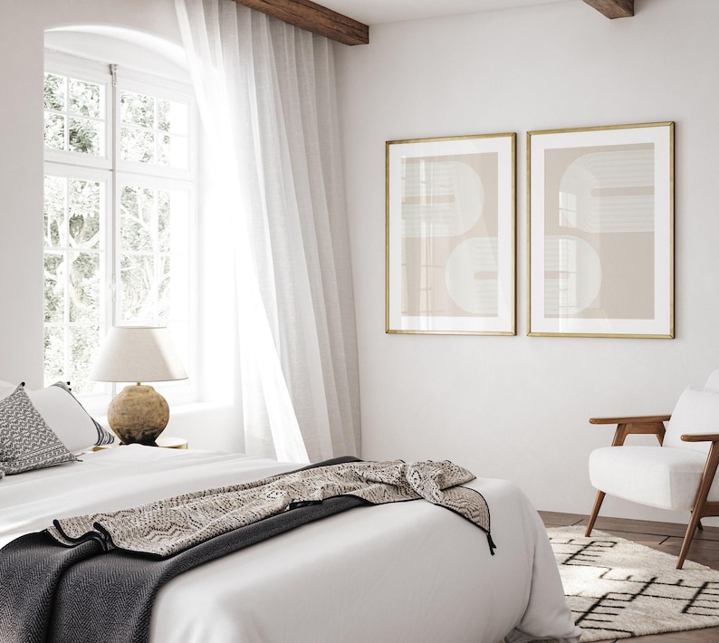 Set of 2 Neutral Boho Prints, Printable Mid-Century Modern 2 Pieces Wall Art, Beige Wall Prints, Abstract Boho Wall Decor, Digital Download image 6