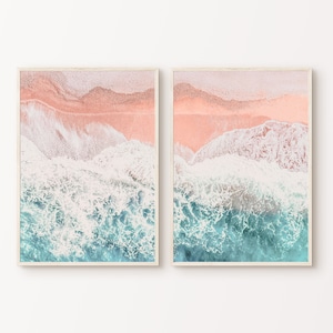 Conjunto de 2 impresiones aéreas de olas oceánicas, impresiones digitales de fotografía costera, póster moderno del océano, playa grande de 2 piezas de arte de pared, obras de arte oceánicas