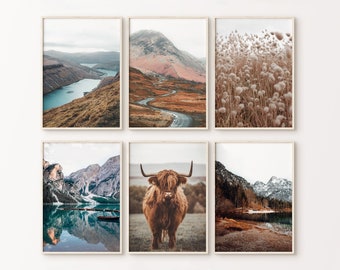 Highland Cow Art Set of 6, Nature Photography Printable Gallery Wall Set, Rustic Landscape Photography Print, Mountain Lake Large Wall Art