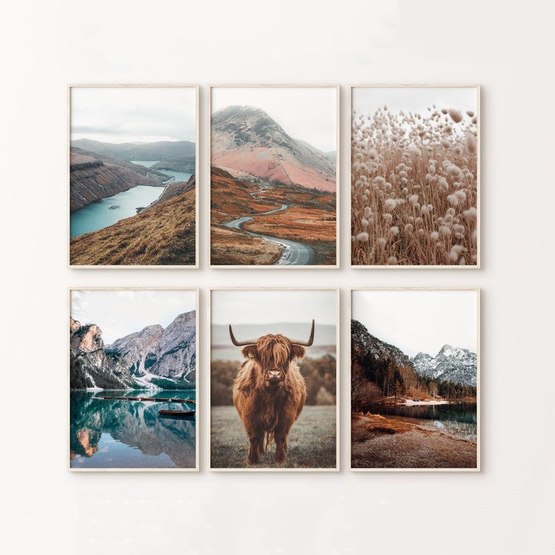 Highland Cow Art Set of 6, Nature Photography Printable Gallery Wall Set, Rustic Landscape Photography Print, Mountain Lake Large Wall Art image 1