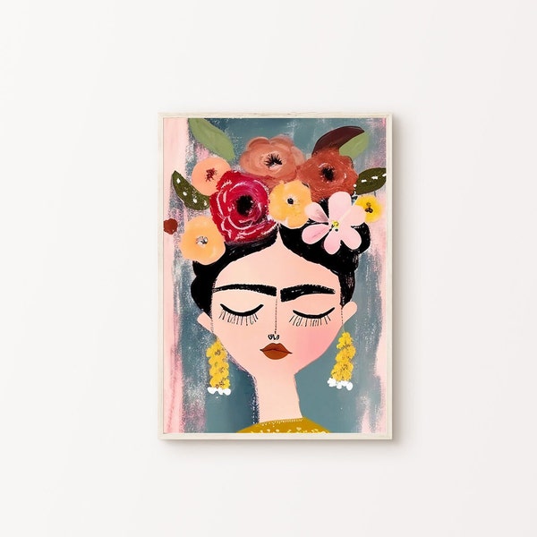 Frida Kahlo Portrait print, Printable Feminist Wall Art, Girl Power Poster, Frida Kahlo Flowers Painting, Pink Boho Home Decor, Eclectic Art