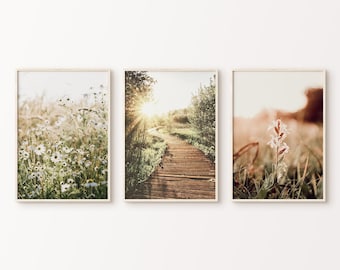 印刷可能な野生の花の写真3枚セット、自然の風景の3ピースの大きな壁アート、緑の自然のプリントセット、北欧の森のデジタルアート