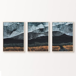 Conjunto de olas oceánicas de 3 impresiones, impresiones digitales de fotografía costera, póster moderno del océano, arte de pared grande de 3 piezas de playa oscura, impresión aérea de playa