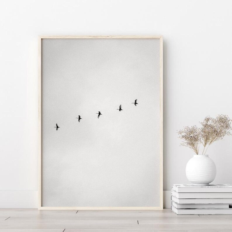 Druckbares Set aus 2 schwarzweißen Seebildern, Vogelschwarm Druck, Küstenlandschaft, Vogelschwarm Fotografie Bild 7