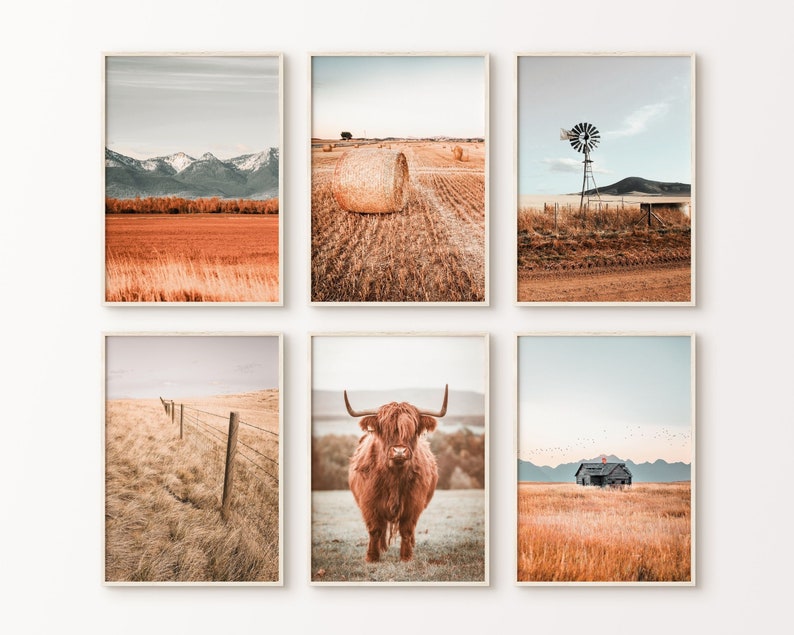 Highland Cow Rustic Art Set of 6, Printable Farmhouse Nature Prints Gallery Wall Set, Western Landscape Photography Print, Large Wall Art 