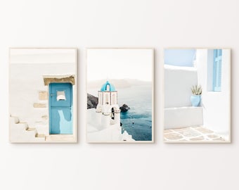 Santorini 3 Pieces Wall Art, Printable Muted Greece Set of 3 Prints, Neutral Mediterranean Photography, Coastal Travel Poster Set