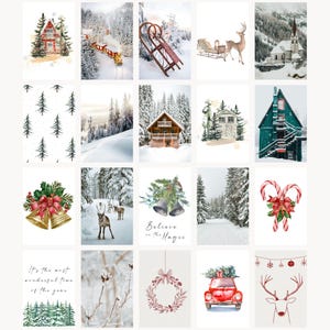 Pu&ograve; includere: Una collezione di illustrazioni natalizie ad acquerello. Le immagini includono paesaggi innevati, baite, un treno, uno slittino, renne, campane, bastoncini di zucchero e un'auto rossa con un albero di Natale. Alcune immagini hanno testo.