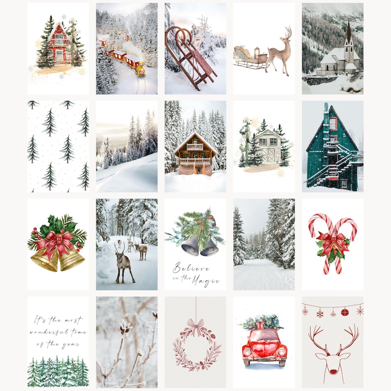 Pu&ograve; includere: Una collezione di illustrazioni natalizie ad acquerello. Le immagini includono paesaggi innevati, baite, un treno, uno slittino, renne, campane, bastoncini di zucchero e un'auto rossa con un albero di Natale. Alcune immagini hanno testo.