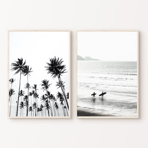 Surfer Poster Set of 2, Black and White Surf 2 Pieces Wall Art, Palm Tree DIGITAL Print, Surfboard Photography Print, Aerial Beach Print