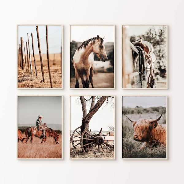 Western Set von 6 Prints DIGITAL, Highland Kuh Große Wandkunst, Rustikaler Südwesten Galerie-Set, Bauernhaus 6 Stück Fotografie, Pferd Poster