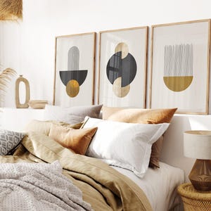Boho 3 Pieces Printable Wall Art, Mid-Century Modern Set of 3 Prints, Neutral Beige Wall Prints, Abstract Boho Wall Decor, Digital Download
