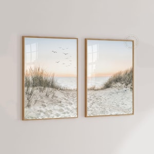 Boho kust set van 2 prints, afdrukbare oceaanfotografie, strandlandschap 2 stuks muurkunst, strandduinen grote muurkunst. Huisdecoratie