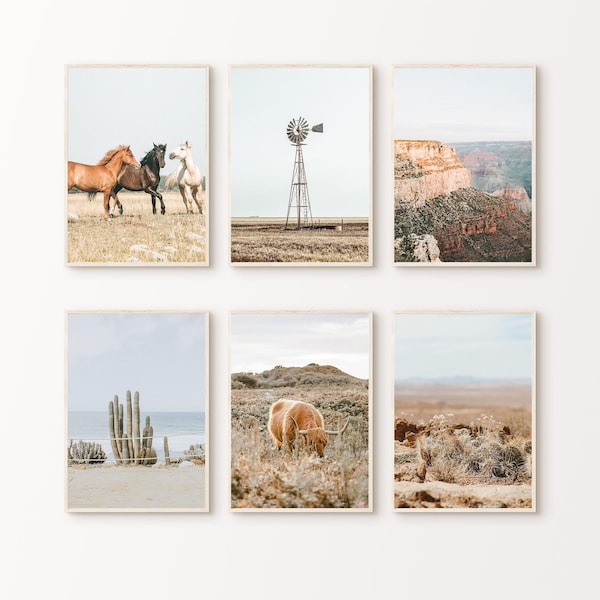 Western Wall Art, Highland Kuh Druck, DRUCKBAR Rustikale Bauernhaus Wanddekor, Natur Wüste Set von 6 Fotografie, Pferde Große Wandkunst