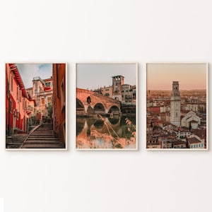 Verona Set of 3 DIGITAL Prints, Sunset Italy City Large 3 Pieces Wall Art, Italy Canvas Art, Verona Italy Print, Italy Travel Poster Set