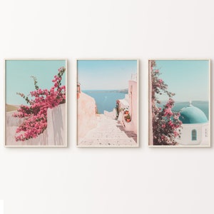 Santorini Prints Set of 3 Wall Art, Boho Greece Gallery Wall Set, Blush Mediterranean Art, Neutral Beach Photography Travel Poster Print Set