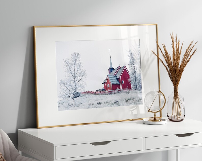 Winter Landscape Print, Printable Nordic Church Wall Art, Snowy Christmas Poster, Winter Wonderland Wall Art, Snowy Nature Photography Print image 7