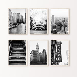 Printable Set of 6 Chicago Black & White Photography, Chicago Theater Print, Chicago Skyline 6 Pieces Large Wall Art, American City Poster