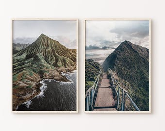 Set di 2 fotografie stampabili delle Hawaii, 2 pezzi di grande arte murale costiera, set da parete delle isole Hawaii, fotografia tropicale, stampa delle Hawaii