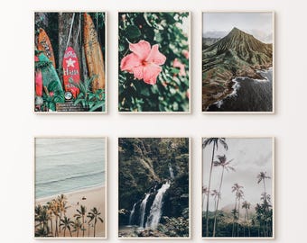 May include: Six framed art prints featuring tropical scenes. Images include surfboards, a pink hibiscus flower, a mountain landscape, a beach with palm trees, a waterfall, and a palm tree forest. The prints have a neutral color palette.
