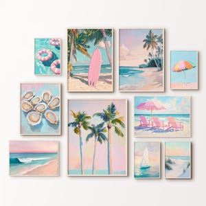 Juego de 10 impresiones de galería de playa pastel, arte mural costero imprimible, pintura de paisaje oceánico, paquete tropical de palmeras, póster de ostras