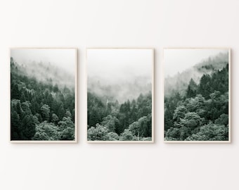 Forest Photography, Printable Mountain Landscape Prints Set of 3, Misty Foggy Forest Poster, Green Nature Wall Art, Digital Download