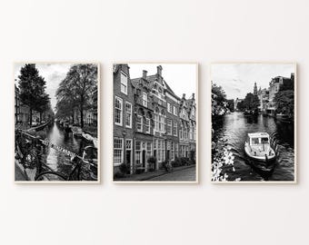 Printable Set of 3 Amsterdam Photography, Black White Amsterdam Bike Print, Holland Canal Poster, Europe Cityscape 3 Pieces Large Wall Art